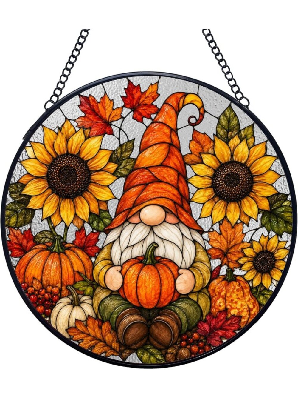 Fall Gnome Sunflower Stained Glass Suncatcher for Garden Decor & Window Art